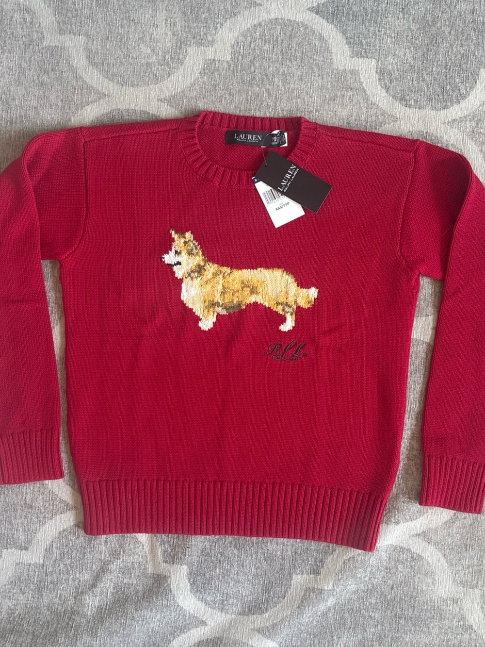 Ralph Lauren Red Crewneck Sweater with Embroidered Corgi